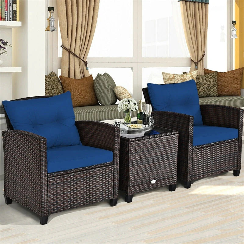 3-Piece Rattan Patio Conversation Set With Cushions And Coffee Table