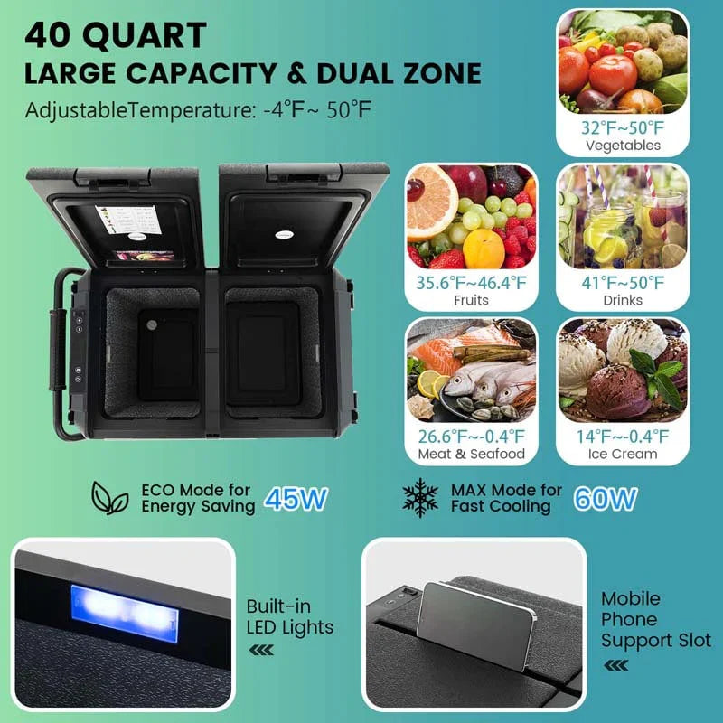 40-Quart Dual-Zone Portable Car Refrigerator Cooler Freezer With Wheels
