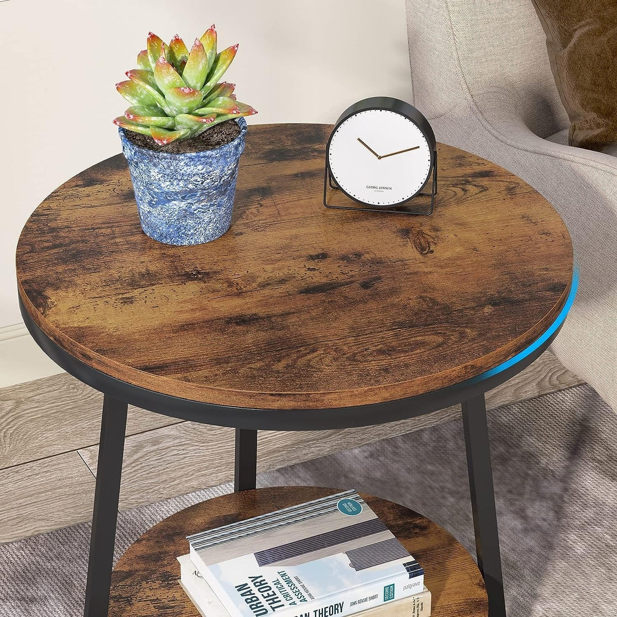 Industrial Round End Table With 2-Tier Storage