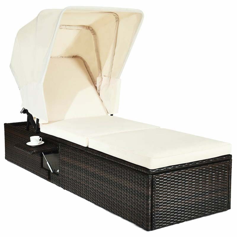 Cushioned Rattan Outdoor Chaise Lounge Chair With Folding Canopy, Flip-Up Tea Table And 5 Positions