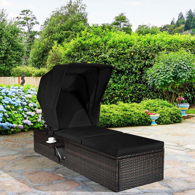 Cushioned Rattan Outdoor Chaise Lounge Chair With Folding Canopy, Flip-Up Tea Table And 5 Positions