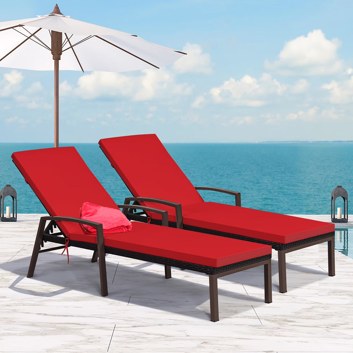 Costway 2 PCS Patio Rattan Chaise Lounge Chairs With Adjustable Backrest And Cushions - Red