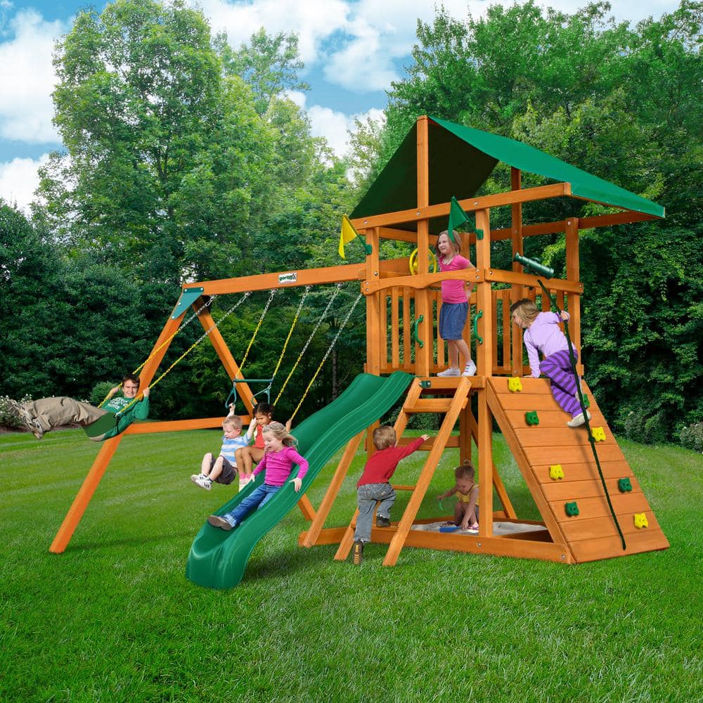 DIY Wooden Outdoor Playset With Tarp Roof, Rock Wall, Wave Slide, 3 Swings - Outing III