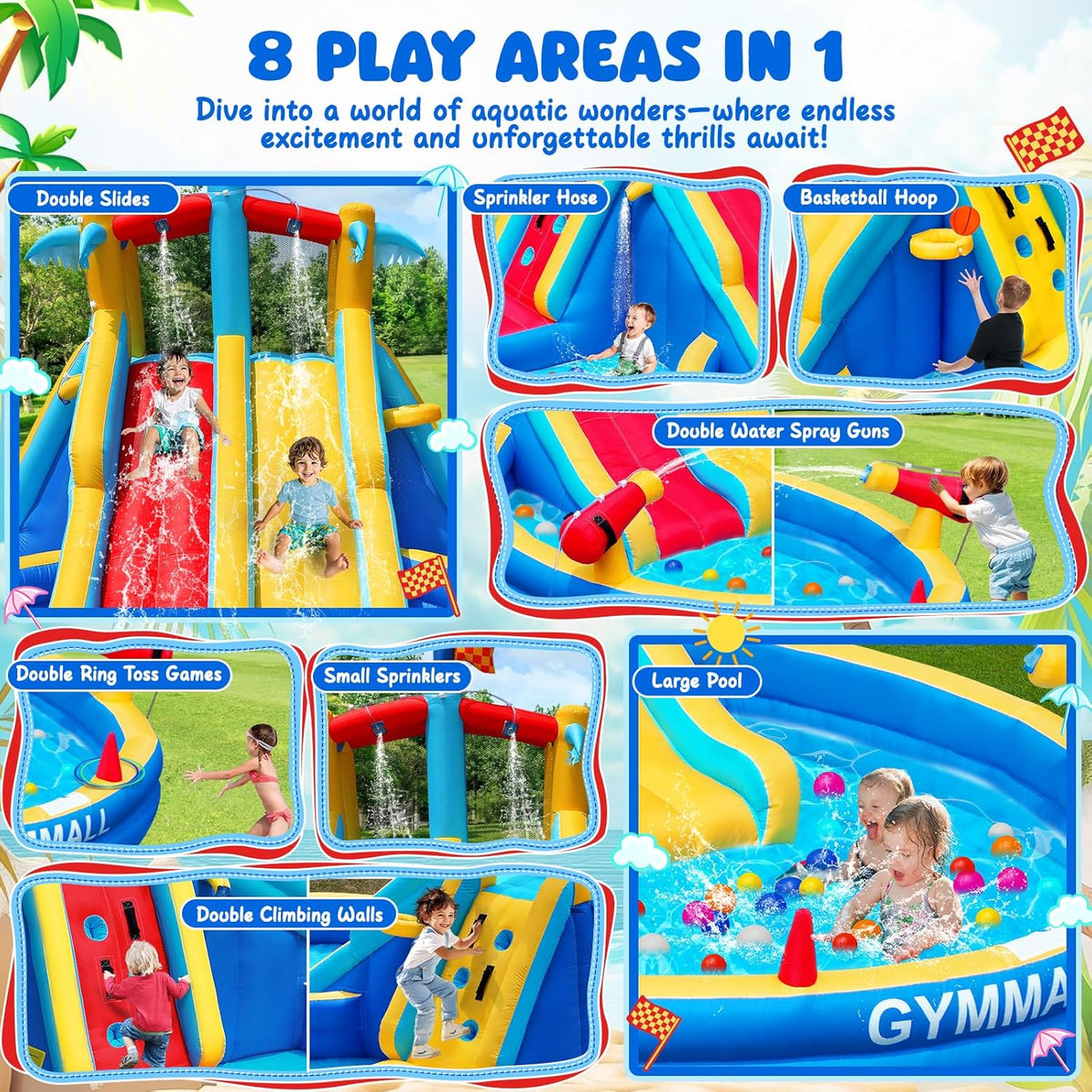 Inflatable Water Slide Bounce House With 550 W Blower, 8-In-1, 467 x 367 x 257 cm