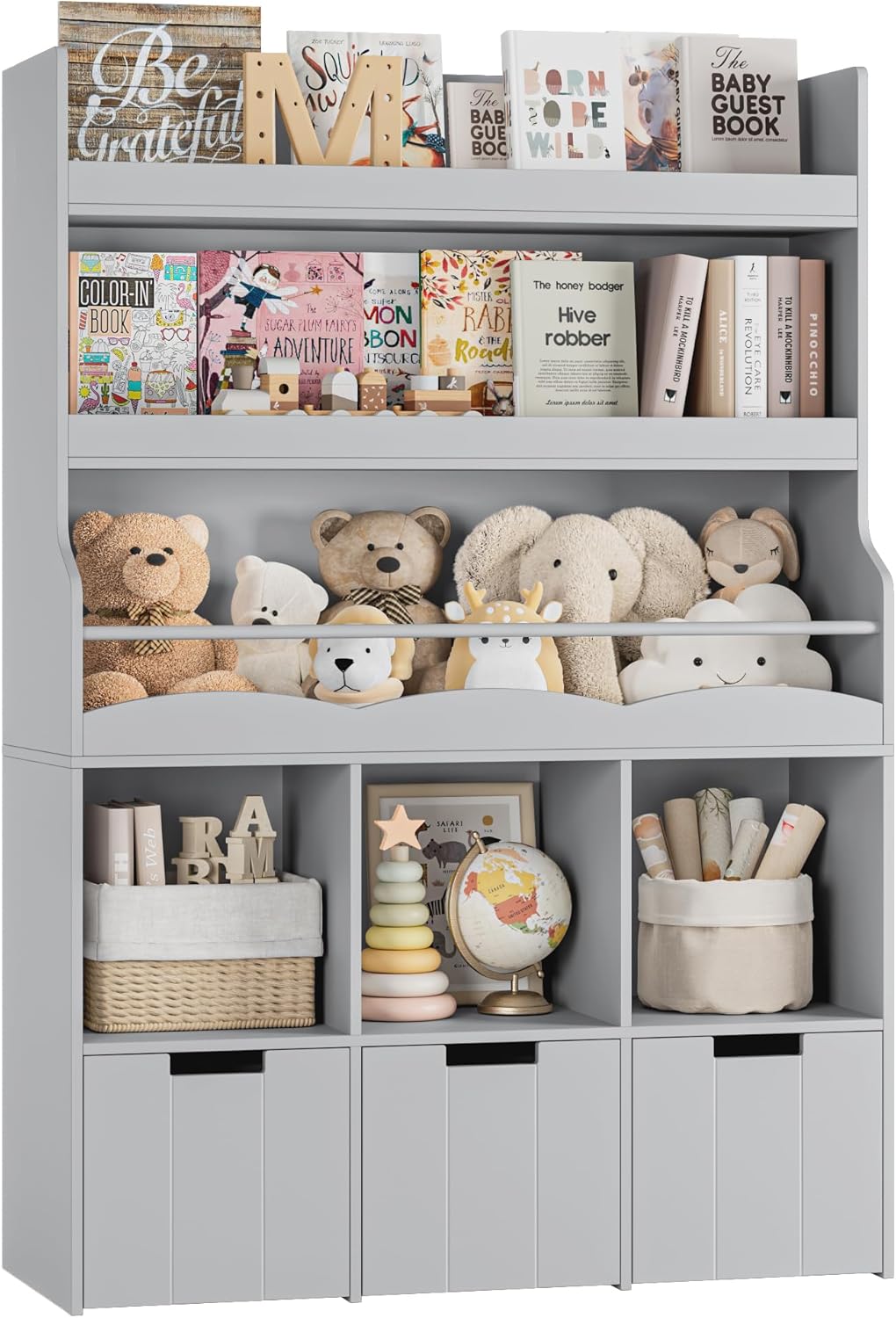 HITHOS Kids Bookshelf With Toy Storage Organizer, 55.3in H x 39.2in W, 3 Movable Storage Bins