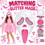 Pink Glitter Ghost Halloween Costume for Girls, Hooded Cosplay Dress with Mask, Spooky Horror Party Outfit