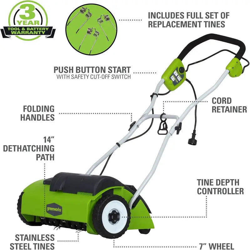 Greenworks 13-Amp 14-Inch Corded Lawn Dethatcher - Electric Yard Maintenance Tool