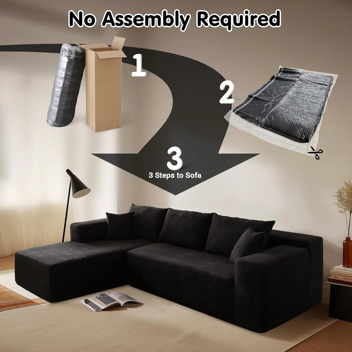 ovios 104in L-Shape Sectional Sofa With Chaise, Grey Plush Corduroy Fabric
