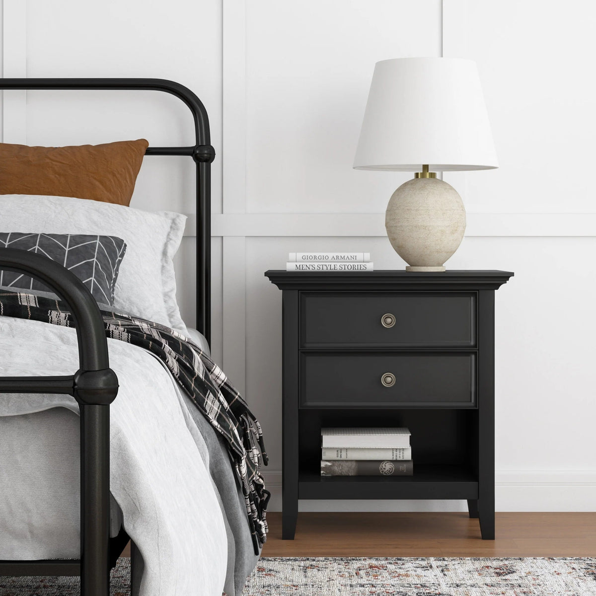 Solid Wood Nightstand With 2 Drawers And Open Shelf, 16 in D x 24 in W x 26 in H