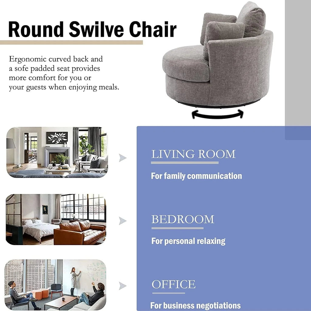 42in W Swivel Barrel Chair, Chenille Fabric, Grey