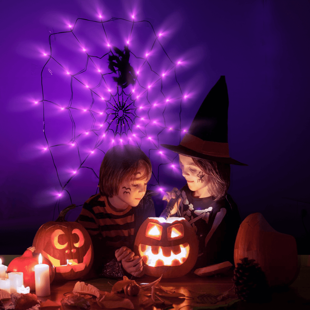 Halloween Decorations Spider Web Lights, 4FT Diameter 70 LED with Black Spider, Waterproof Net Lights, Remote Control