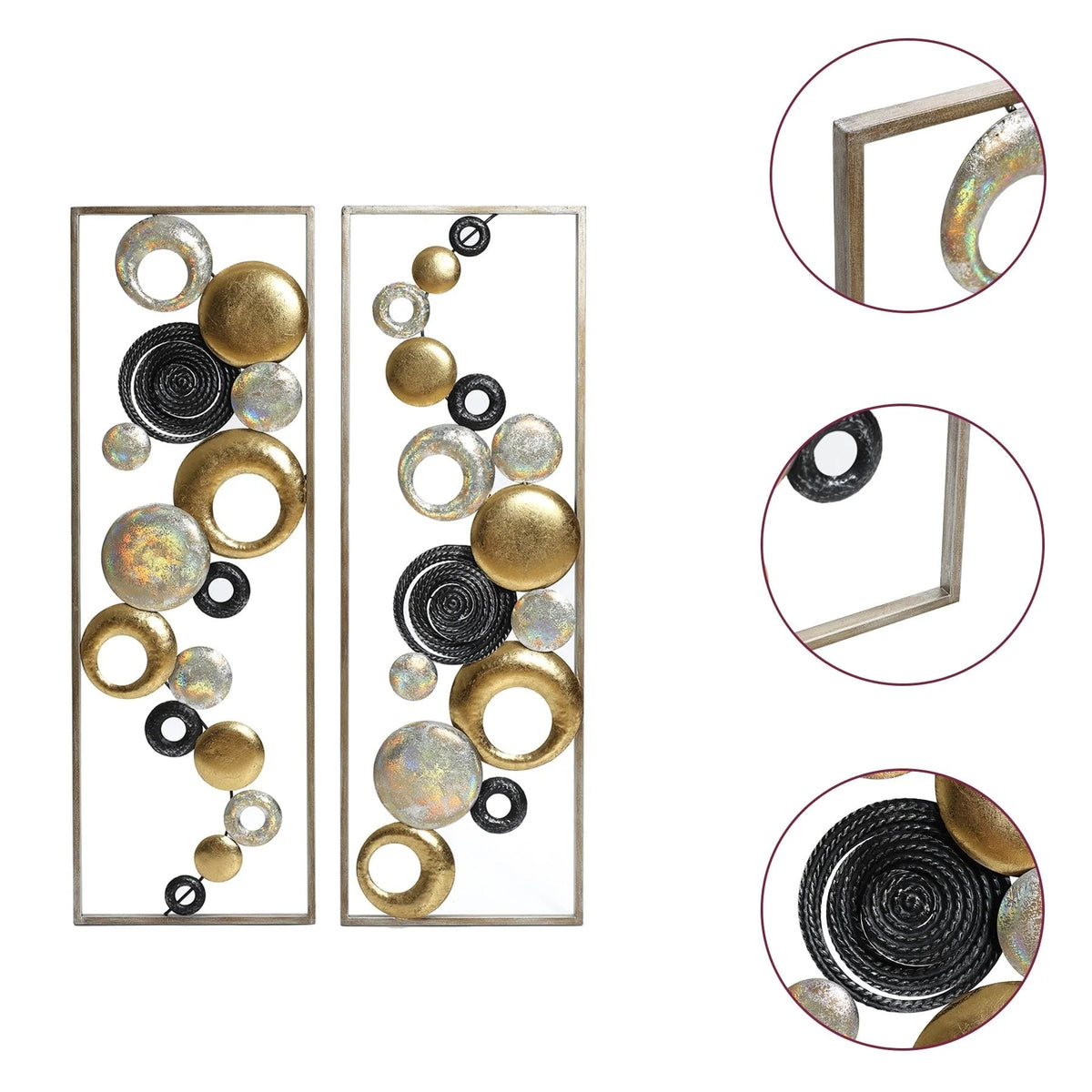 Modern Abstract Metal Wall Decor Panels, Set Of 2, Gold Silver And Black