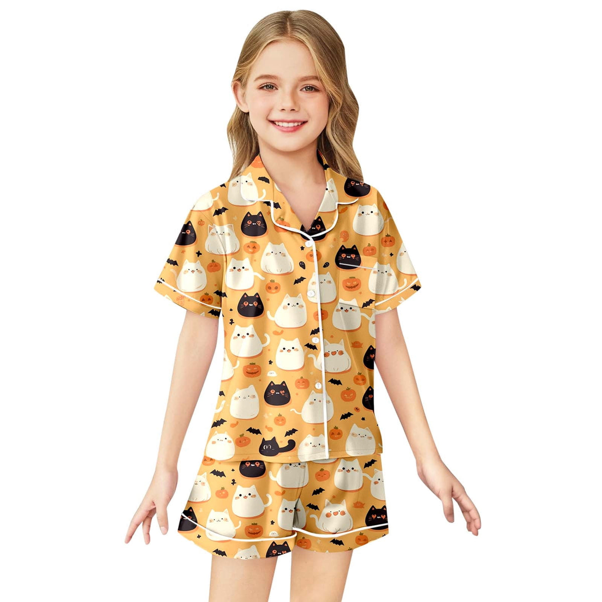 CUZIBR Girls Halloween Pajamas Sets Soft Comfortable Ghost Pumpkin Lapel Button Short Sleeve Shirt Elastic Waist Shorts 2 Pieces Sleep Loungewear Relaxed Sleepwear Outfits, Orange-C