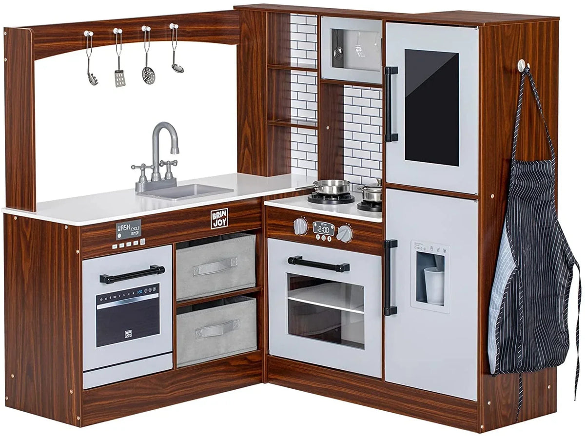 BRINJOY Corner Wooden Kids Play Kitchen With Faucet, Sink, Microwave, Oven, Apron, Blackboard, Sound And Light