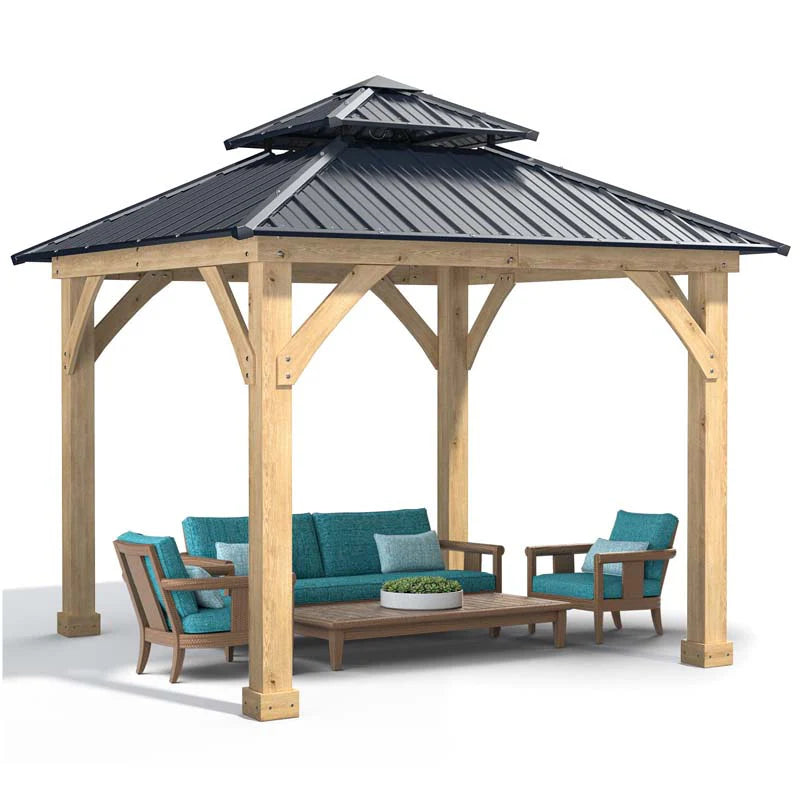 Outdoor Patio Hardtop Gazebo, 10 x 10 Ft, Wood Frame, 2-Tier Metal Roof, Gray