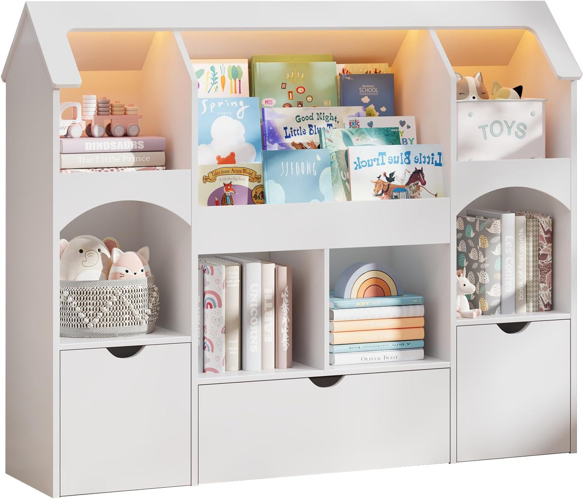 Halitaa Kids Castle Bookshelf With Toy Storage, 3 Drawers, LED Lights, White, 49.2in W x 13.1in D x 40.2in H