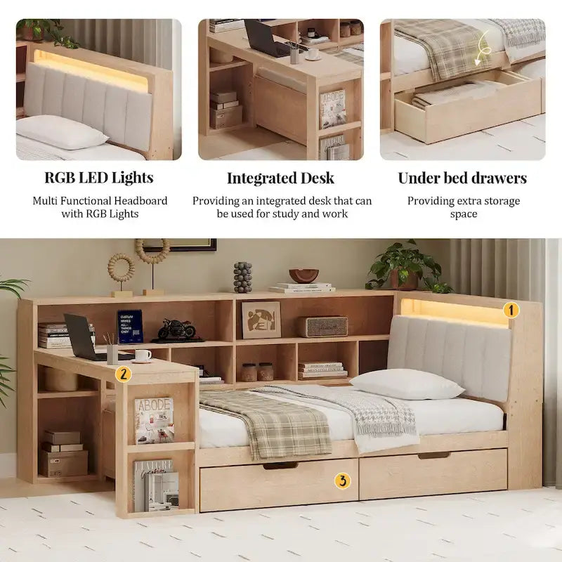 Ivery Furniture L-Shaped Wooden Twin/Full Daybed With Desk, Bookcase, Drawers And RGB Light - Natural/White