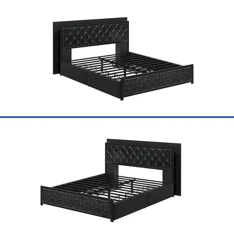 Moasis Queen Platform Bed Frame With PU Upholstery, LED Lighting And 4 Storage Drawers