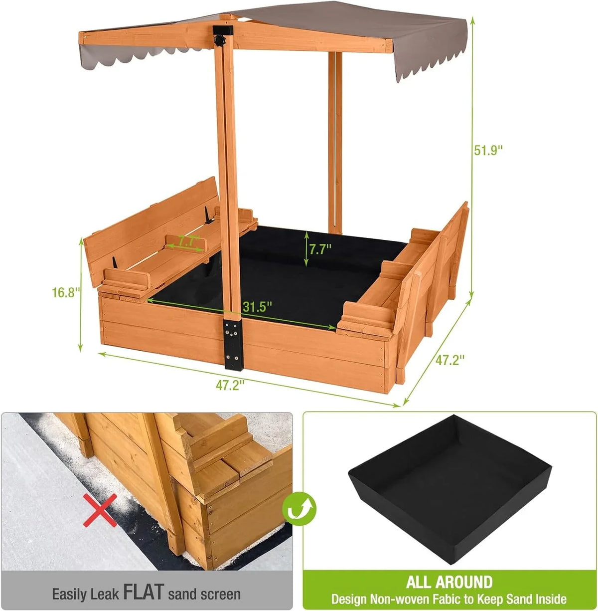 Kids Wooden Outdoor Sandbox With Retractable Canopy, 2 Foldable Bench Seats, 47 x 47 Inch