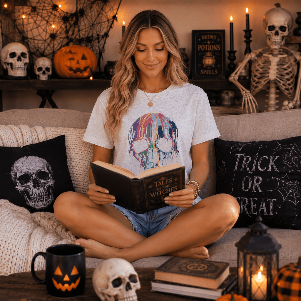 KimSoong Women Halloween Skeleton Graphic T-Shirts Crew Neck Short Sleeve Tees Tops