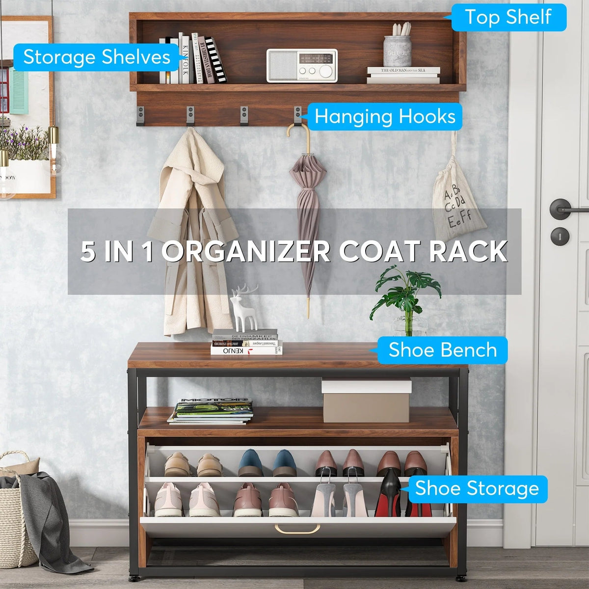 5-in-1 Entryway Hall Tree With Coat Rack, Shoe Bench, 7 Hooks, 3 Cubbies And 3-Tier Shoe Rack