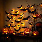 DUHKP 36 Pack Light Up Bats Halloween Decorations, Orange | 3D Stereoscopic Design, Removable Bat Wall Stickers, for Indoor Outdoor Windows & Home Parties