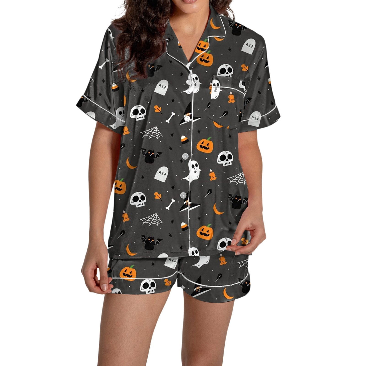 ChenYiFH Halloween Pajama Sets For Women 2 Piece Pumpkin Print Shirts And Pajamas Shorts Button Down Short Sleeve Sleepwear Black S