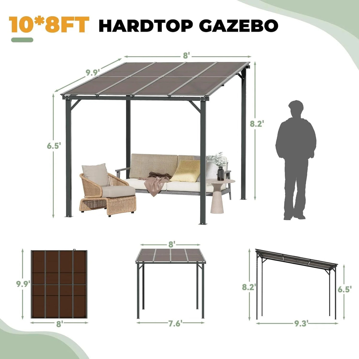 Hardtop Outdoor Pergola Patio Gazebo With Roof, 10x8