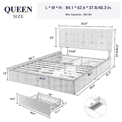 Allewie Upholstered Queen Platform Bed Frame With 4 Storage Drawers And Adjustable Headboard