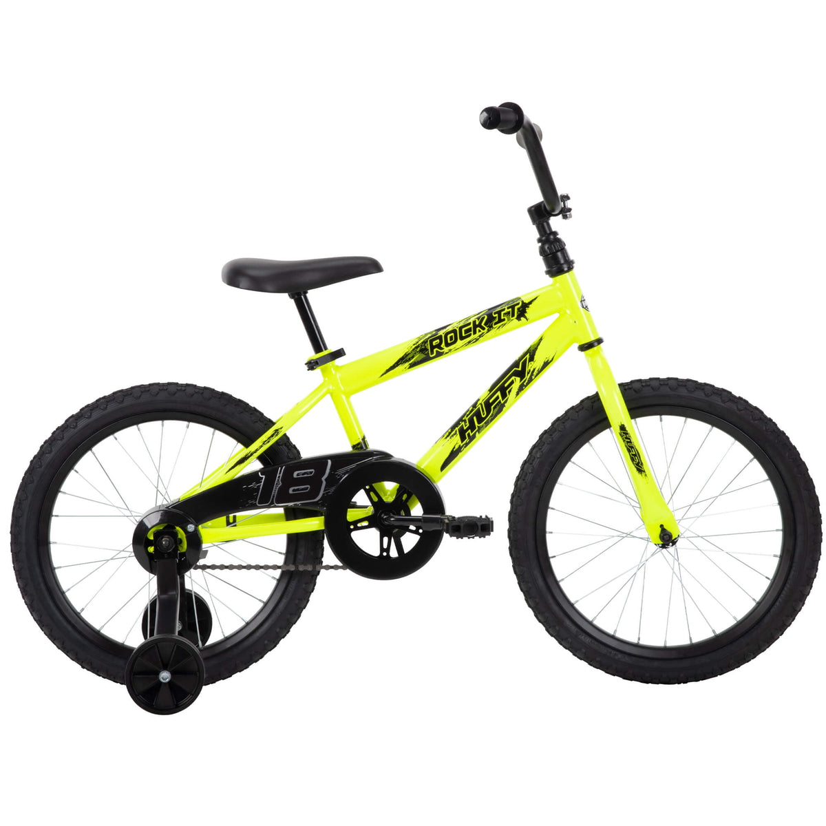 Huffy Kids Bicycle 18in, Neon Yellow, Single-Speed, Training Wheels - Rock It
