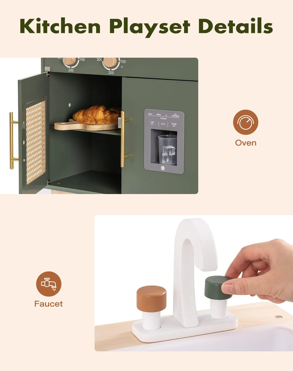 Robud Wooden Kids Kitchen Play Set With Ice Maker, Vintage Green, Ages 3+ - 21.65 x 11.65 x 31.5 in