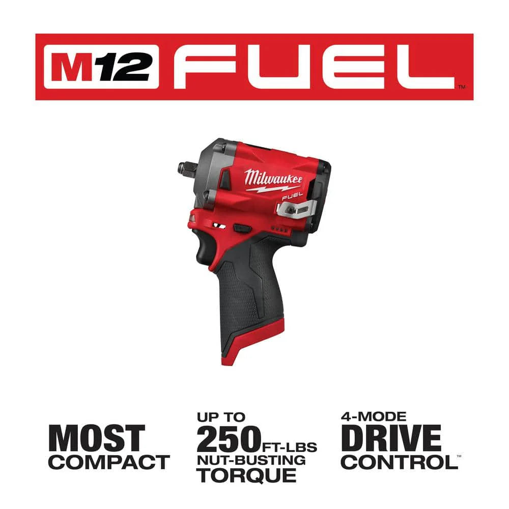 Milwaukee M12 FUEL 3/8 in Cordless Brushless Stubby Impact Wrench, 250 ft lbs Torque, Tool Only