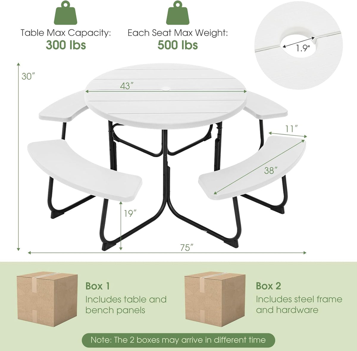 Giantex Round Outdoor Picnic Table And Bench Set, 43in, White, Up To 8 Persons