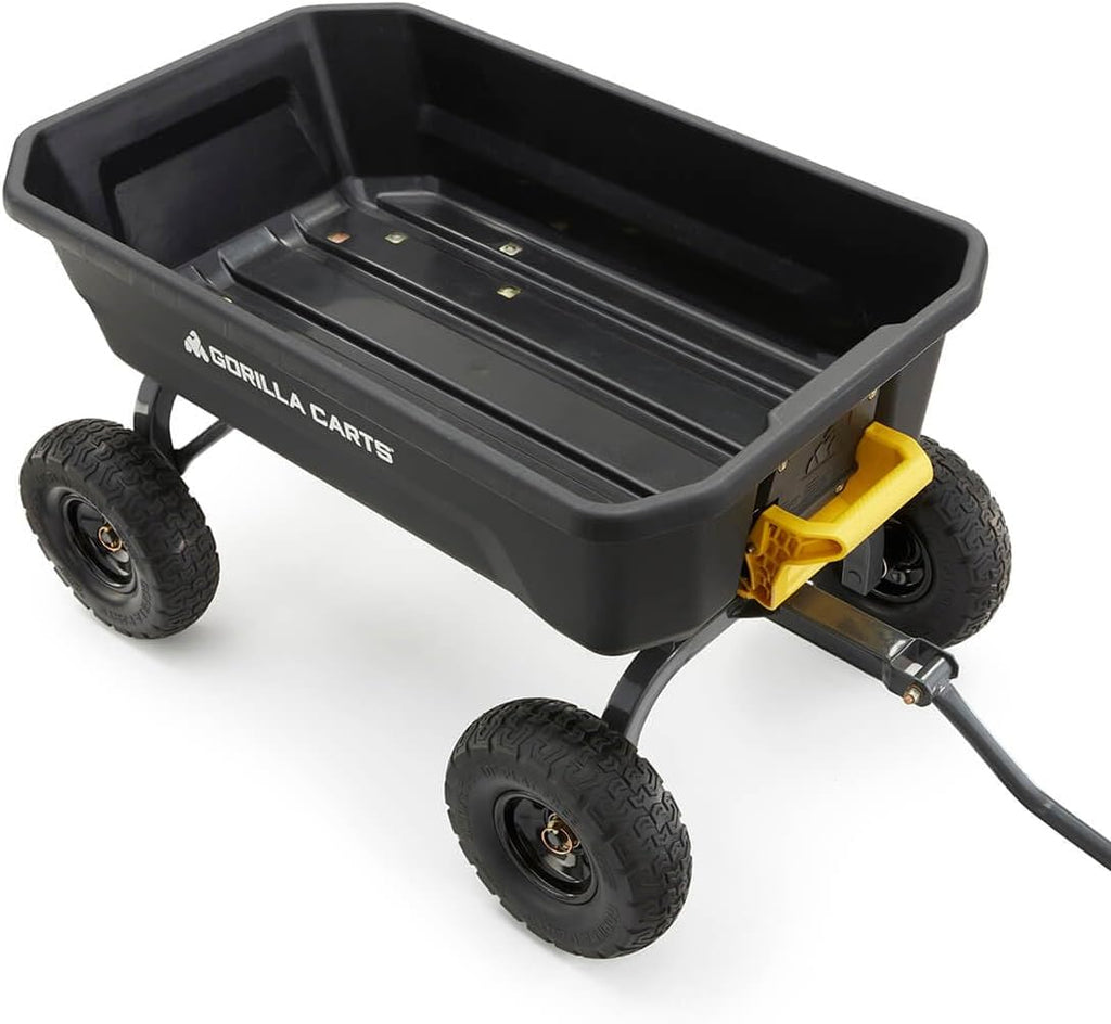 Poly Dump Garden Cart With No-Flat Tires And Serrated Shovel, 7 Cubic Feet, 1,200 lb Capacity, Black