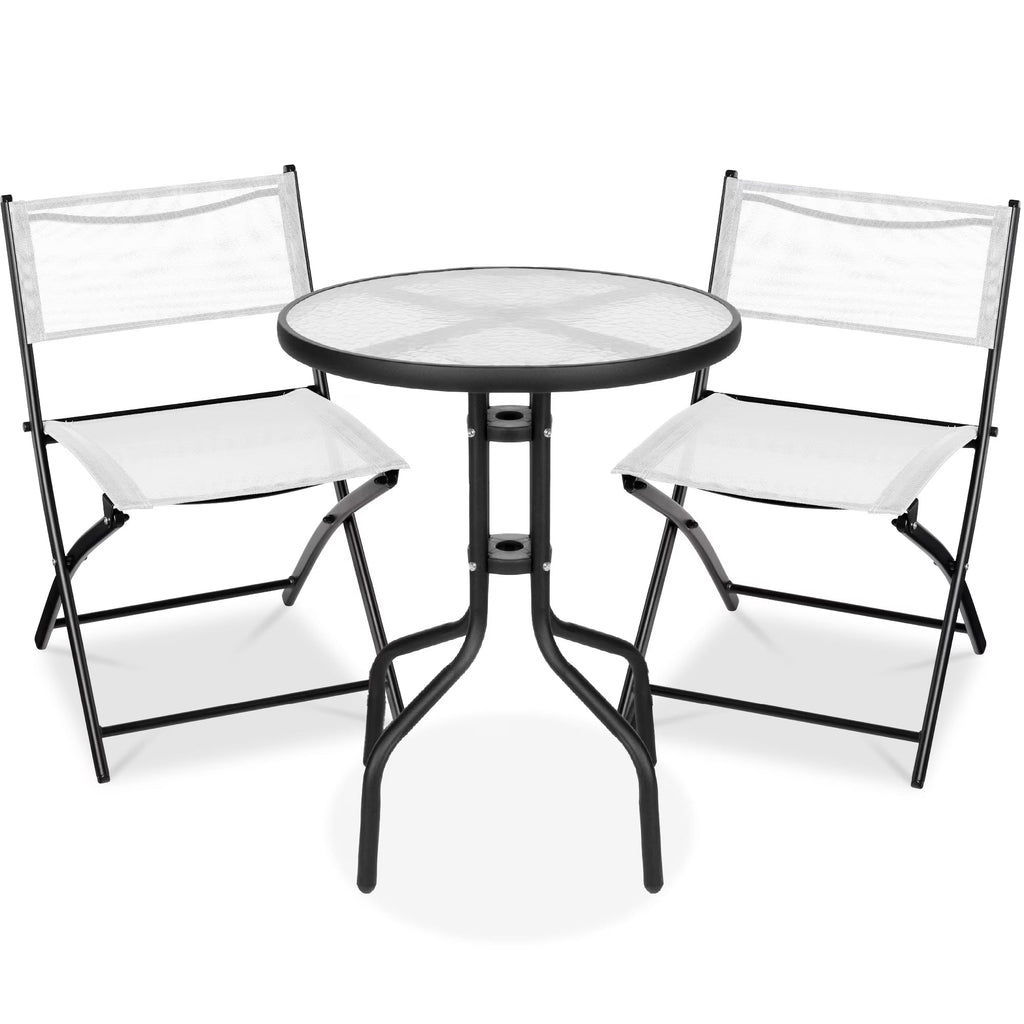 Best Choice Products 3-Piece Patio Bistro Dining Set With Glass Tabletop And Folding Chairs - Gray