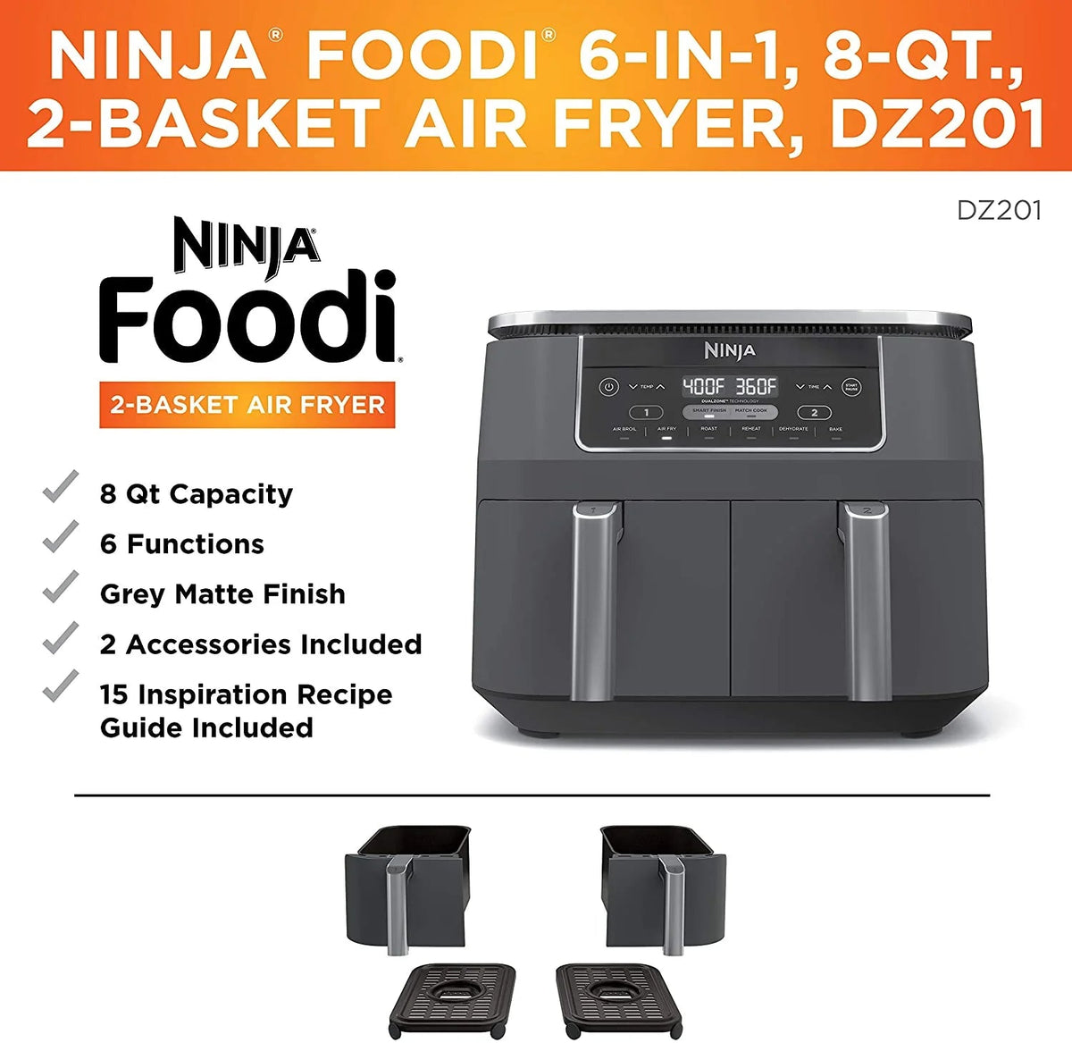 Ninja Foodi 6-in-1 2-Basket Air Fryer, 8-Quart, Dark Grey Stainless Finish - DZ201