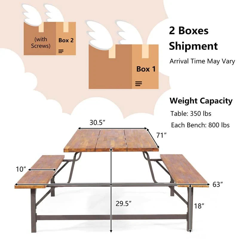 Acacia Wood Picnic Table Bench Set, 71in With 2in Umbrella Hole And Metal Frame