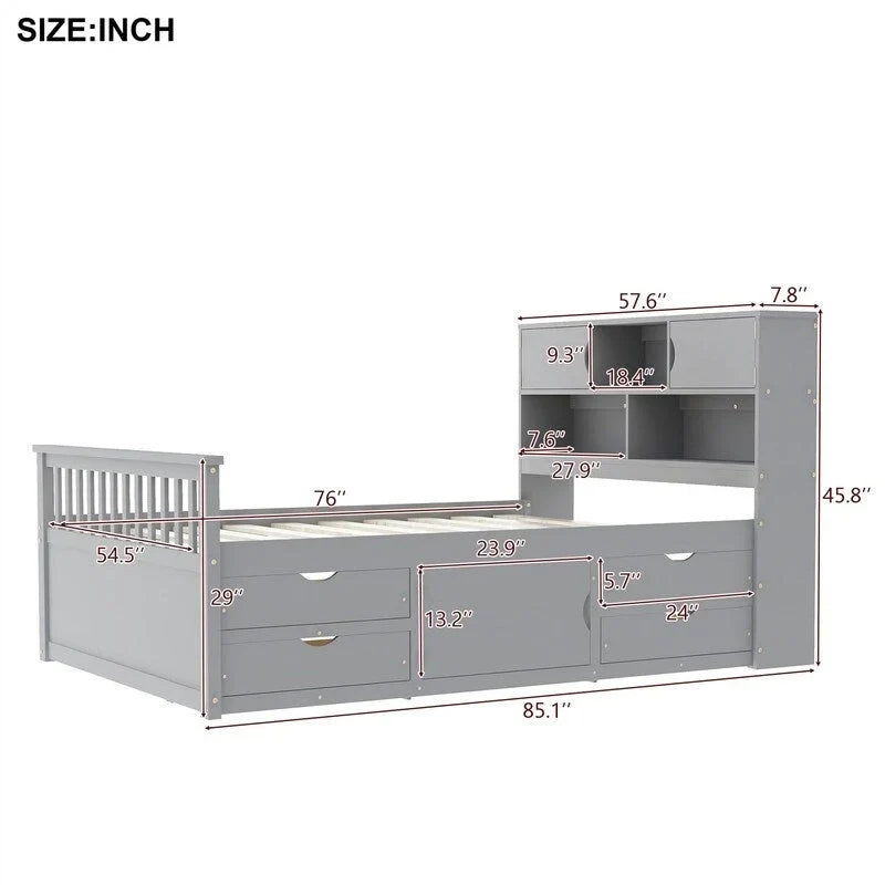 Twin/Full Captain Platform Bed With 4 Drawers And Storage Bookcase Headboard