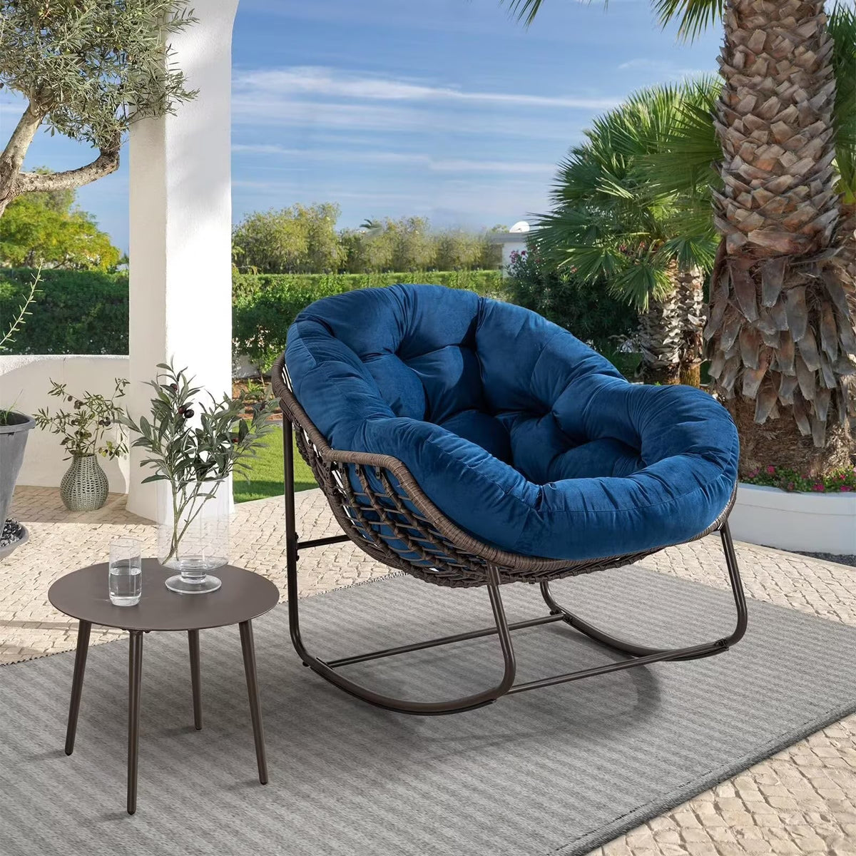 Outdoor Papasan Rocking Chair With Thick Cushion, Grey - 43.70in D x 37.20in W x 31.50in H