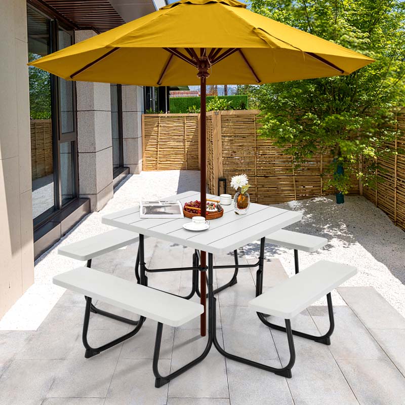 8-Person Outdoor HDPE Square Picnic Table And Bench Set, 67in x 67in x 30in, Metal Frame