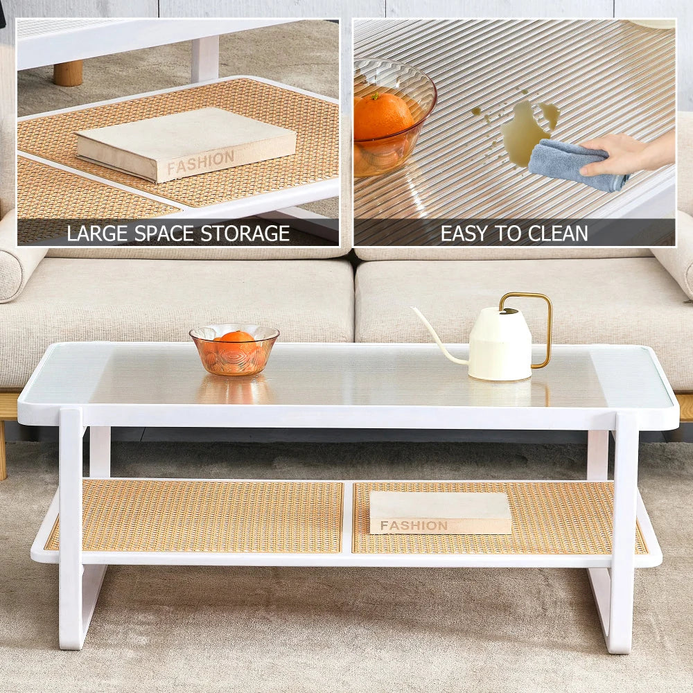 Glass Top Imitation Rattan Solid Wood Side Table, White - W1151134809
