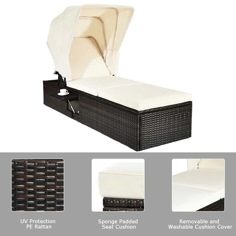 Cushioned Rattan Outdoor Chaise Lounge Chair With Folding Canopy, Flip-Up Tea Table And 5 Positions