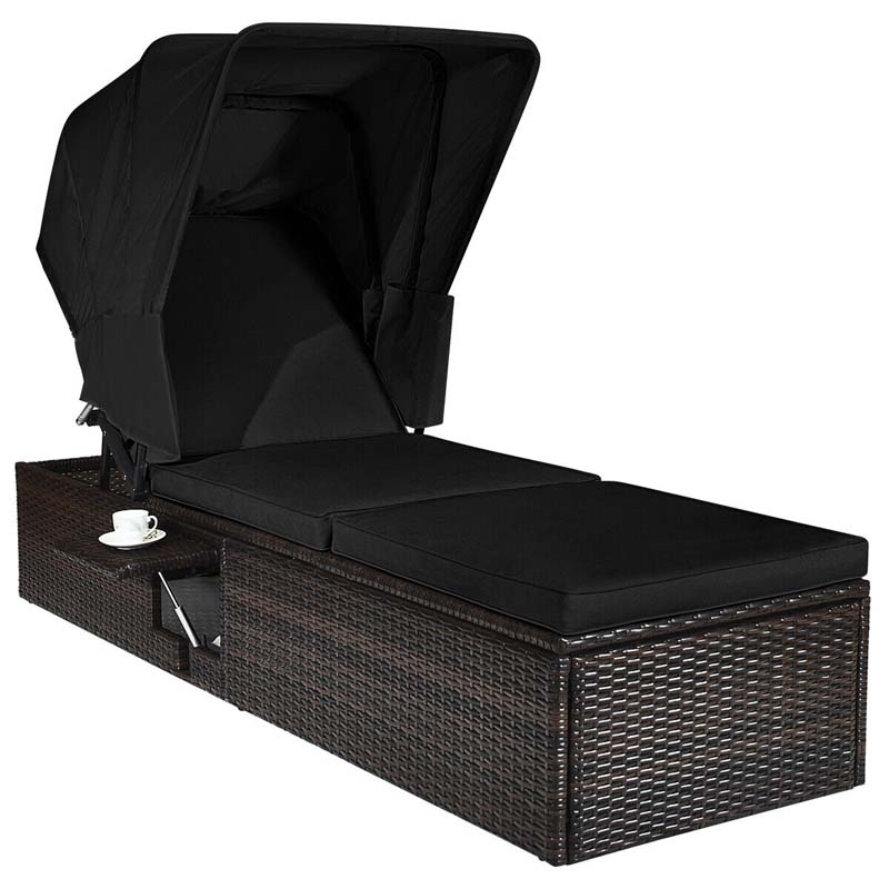 Cushioned Rattan Outdoor Chaise Lounge Chair With Folding Canopy, Flip-Up Tea Table And 5 Positions
