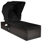 Cushioned Rattan Outdoor Chaise Lounge Chair With Folding Canopy, Flip-Up Tea Table And 5 Positions