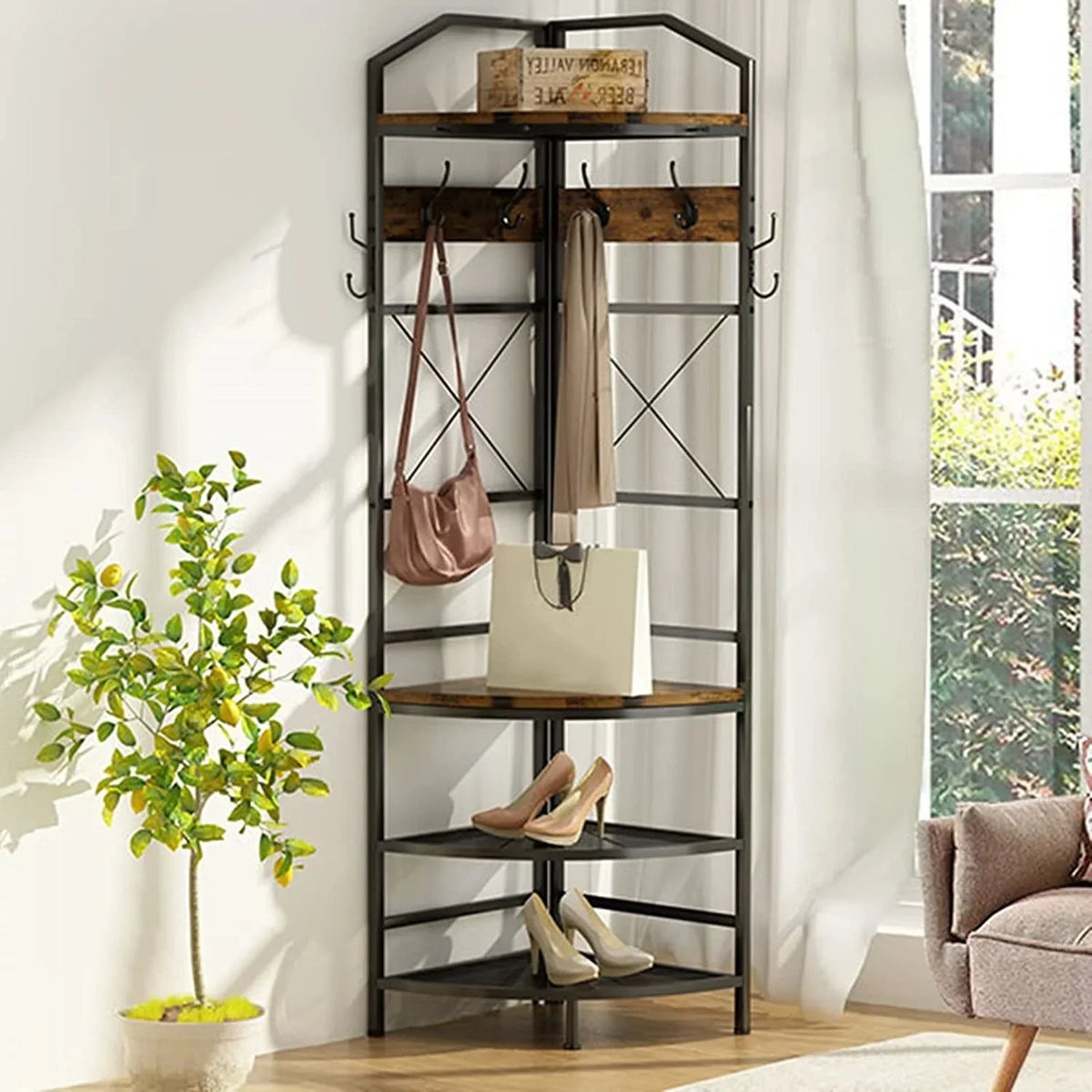 Corner Coat Rack Hall Tree With Shoe Bench, 6 Metal Hooks, Rustic Brown And Black, 17.72in x 17.72in x 72.05in