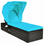 Cushioned Rattan Outdoor Chaise Lounge Chair With Folding Canopy, Flip-Up Tea Table And 5 Positions