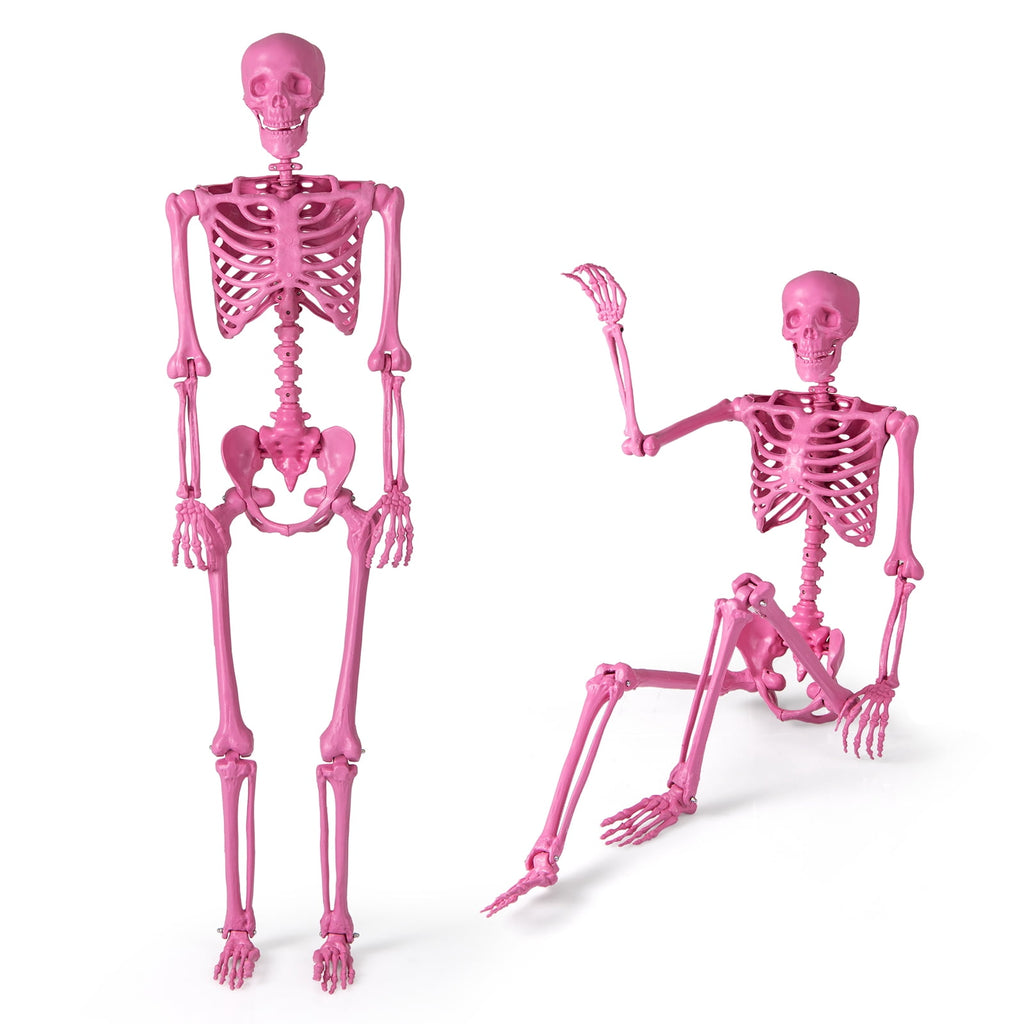 Costway 5.5 FT Poseable Halloween Skeleton Life-Size Decoration with Movable Joints Pink