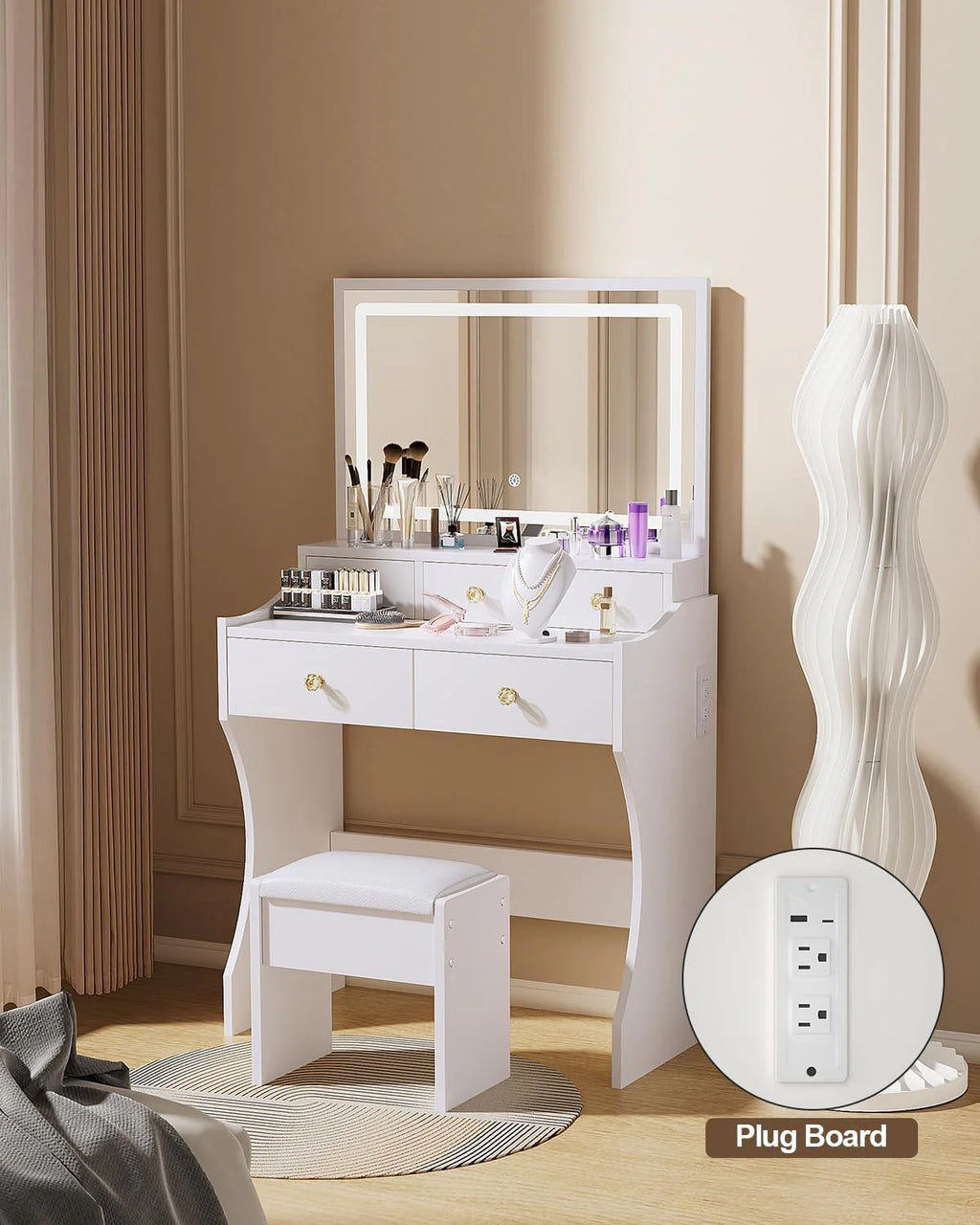 Makeup Table With Mirror, Lights And Stool, 80x40x135cm, White - D089