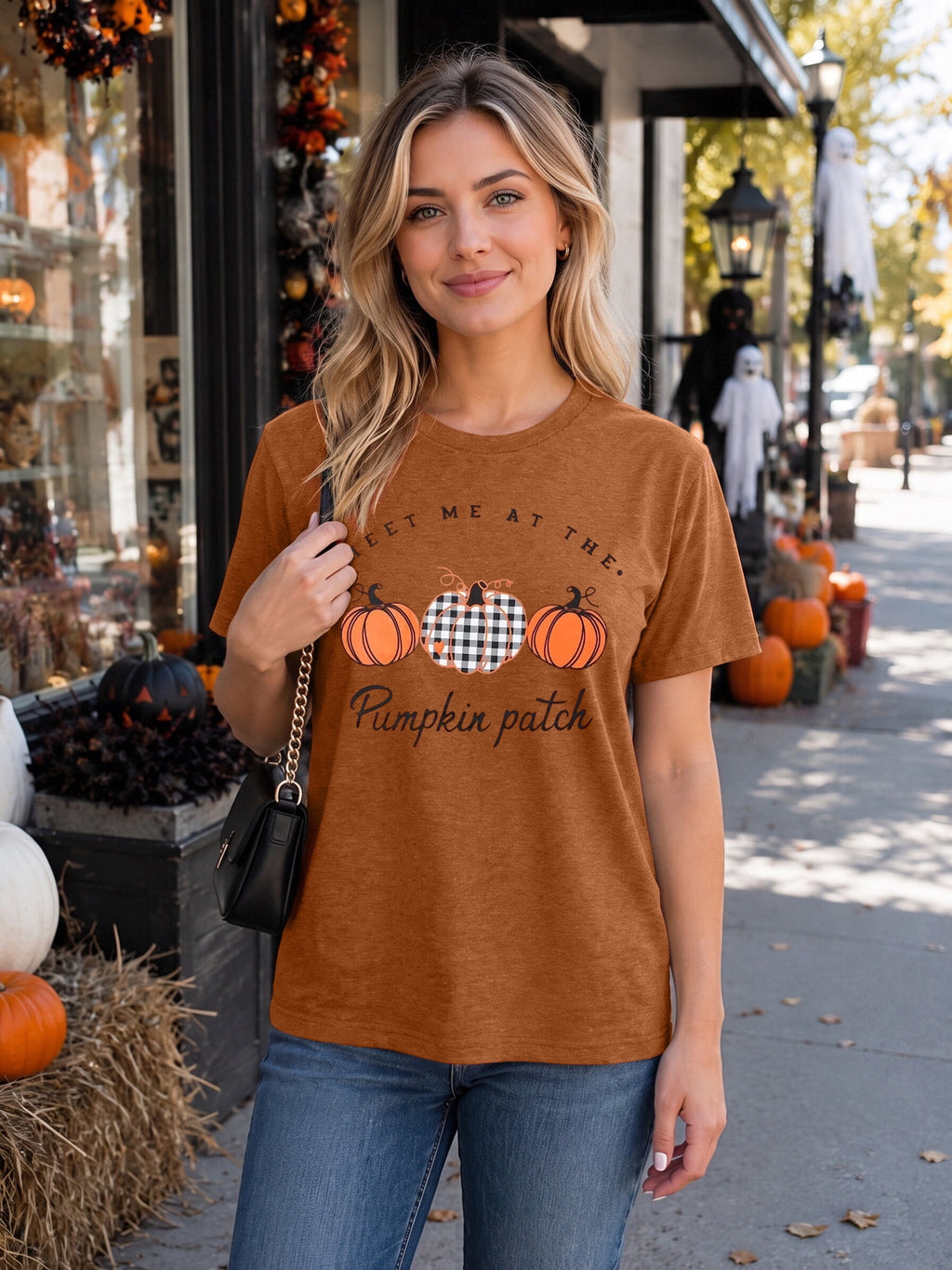 KimSoong Women Halloween Shirt Plaid Pumpkins Graphic Crew Neck Short Sleeve T-Shirts Tops
