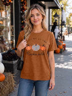 KimSoong Women Halloween Shirt Plaid Pumpkins Graphic Crew Neck Short Sleeve T-Shirts Tops